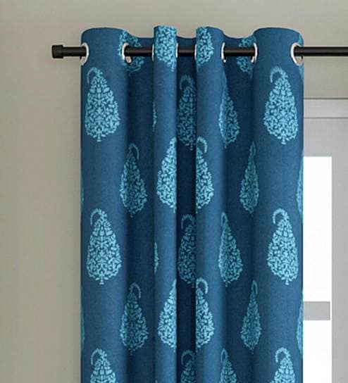 Blue Traditional Cotton 9 Ft Light Filtering Eyelet Door Curtain