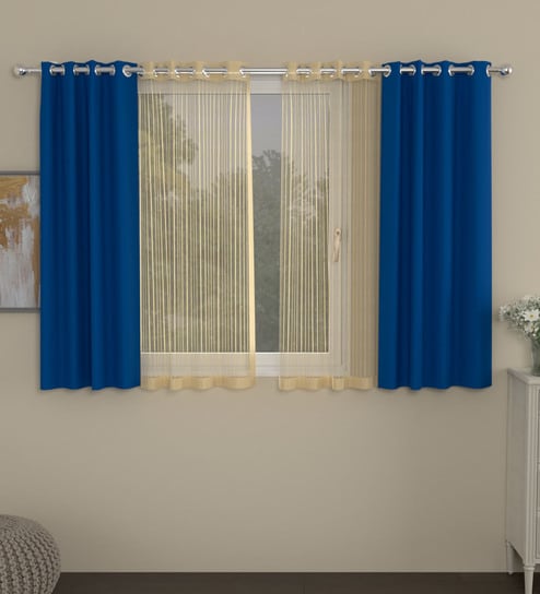 Blue Striped Polyester 5 Ft Blackout Eyelet Window Curtains (Set of 4)