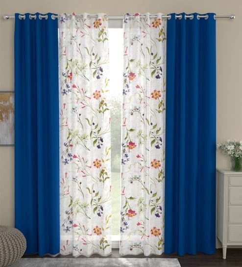 White & Blue Polyester Blackout 7 Feet Eyelet Curtain (Set of 4) by ROSARAHOME