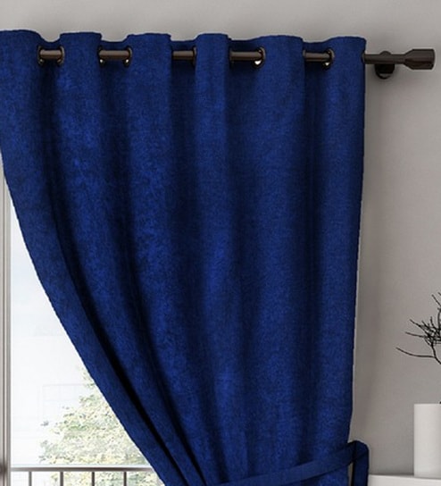 Buy Blue Blackout Velvet 7 Feet Eyelet Door Curtains Set Of 2 By