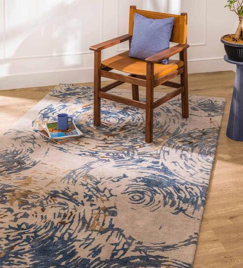 Blue Blended Wool Abstract 4 ft x 6 ft Hand Tufted Carpet