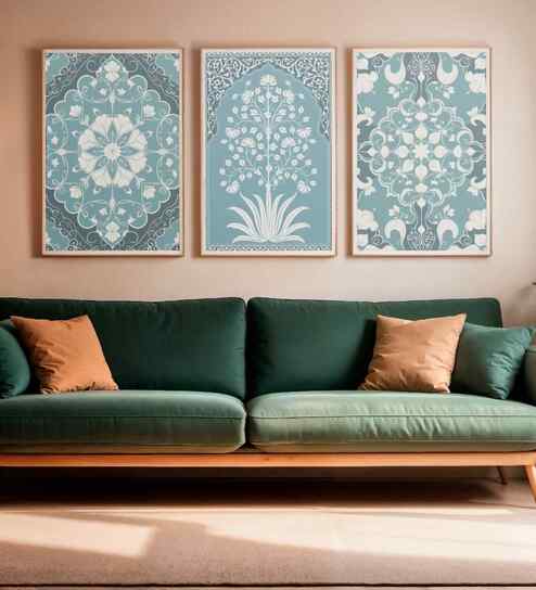Blue Canvas Printed Traditional Framed 3 Pcs Art Panels