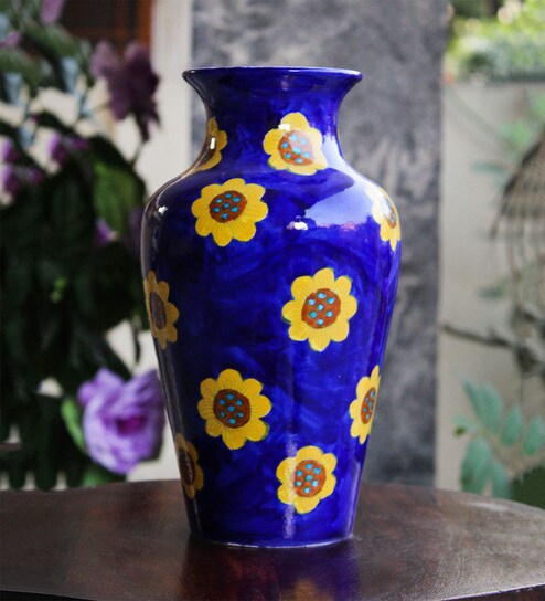 Buy Blue Ceramic Blue Pottery Sun Flower Vase By Meri Rachna