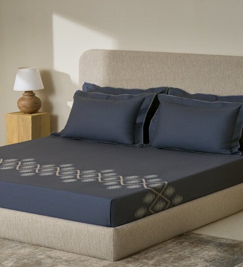 Blue Embroidered 210 TC Cotton King Sized Bedsheet with 2 Pillow Covers