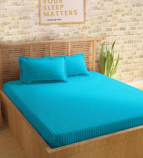 Blue 210TC Cotton stripe 1 Super King Bedsheet with 2 Pillow Covers