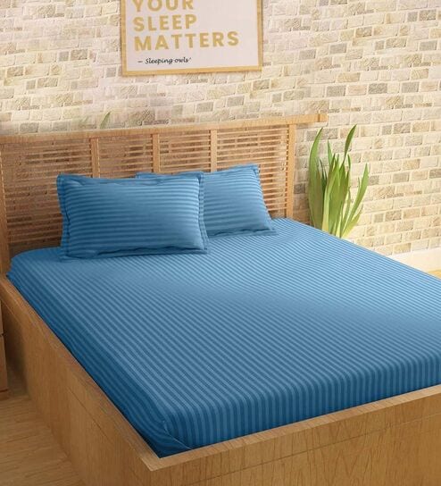 Blue 210TC Cotton stripe 1 Super King Bedsheet with 2 Pillow Covers