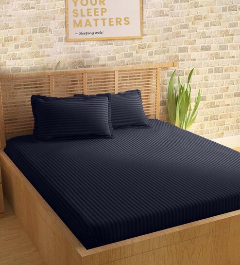 Blue 210TC Cotton stripe 1 Super King Bedsheet with 2 Pillow Covers