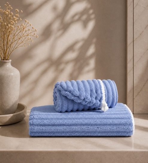 Blue Coral Fleece Solid 450 Gsm Bath Towel Set Of 3