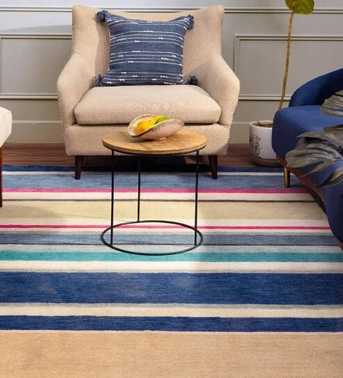 Blue Coton Geometric 3 x 5 Feet Hand Woven Carpet Carpets