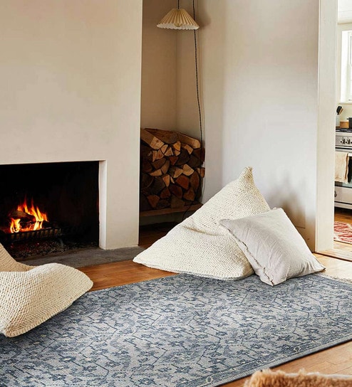 Blue Floral Cotton 8 ft x 10 ft Hand Knotted Carpet