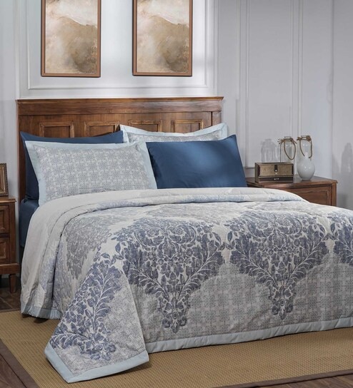 Blue Cotton Abstract 145 GSM Double Bed Quilt