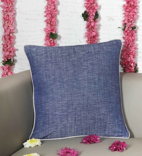Blue Cotton Blend Solid 16x16 inches Cushion Covers (1pc) by Zeba