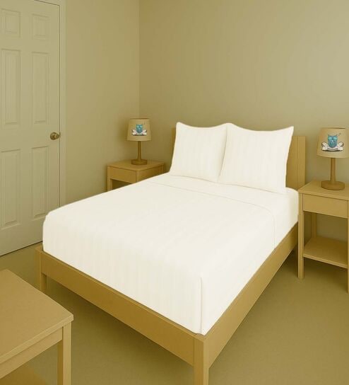 White Cotton 300TC 2CM Striped Super King Bedsheet with 2 Pillow Covers