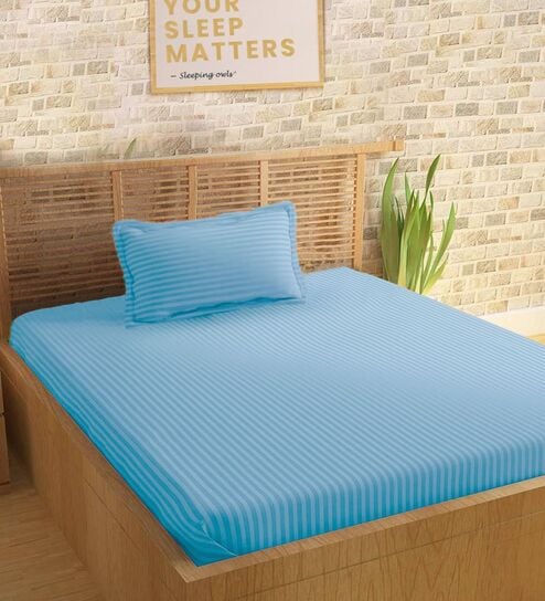 Blue Cotton 210TC Striped Single Bedsheet with 1 Pillow Cover