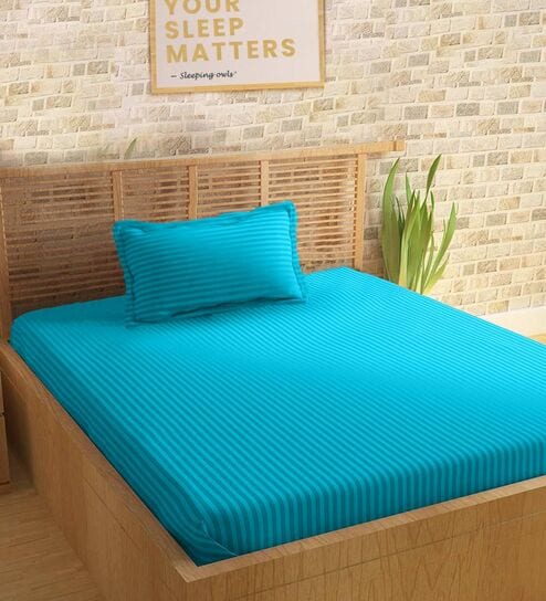 Blue Cotton 210TC Striped Single Bedsheet with 1 Pillow Cover