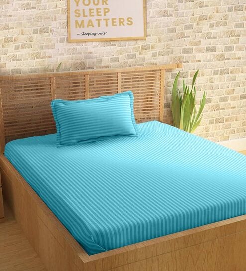 Blue Cotton 210TC Striped Single Bedsheet with 1 Pillow Cover