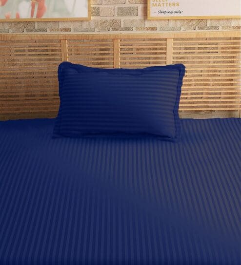 Blue Cotton 210TC Striped Single Bedsheet with 1 Pillow Cover