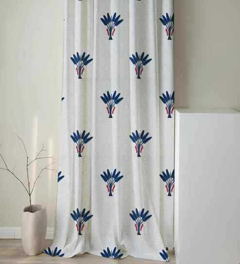 Blue Cotton Floral 5ft Semisheer Eyelet Window Curtain (1 Pc)