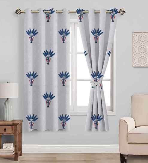 Blue Cotton Floral 5ft Semisheer Eyelet Window Curtain (2 Pc)