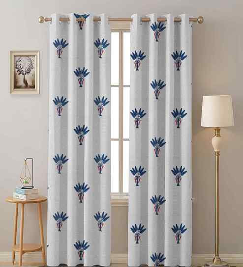 Blue Cotton Floral 7ft Semisheer Eyelet Door Curtain (2 Pc)