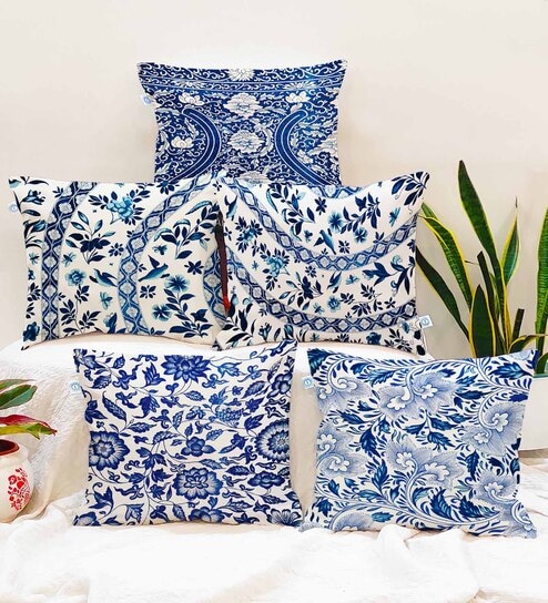 Blue Cotton Florals 16x16 inches Cushion Covers (Pack of 5)