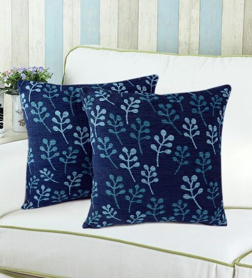 Blue Floral Cotton 16 x 16 Inches Cushion Covers (Set of 2)