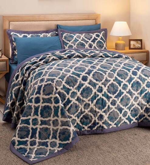 Blue Cotton 100 Room Temperature Double Bed Quilt by Maspar