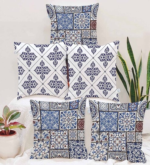 Blue Cotton Geometric 16x16 inches Cushion Covers (Pack of 5)