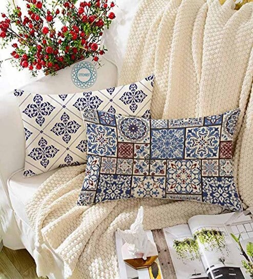 Blue Cotton Geometric 18x12 inches Cushion Covers (Pack of 2)