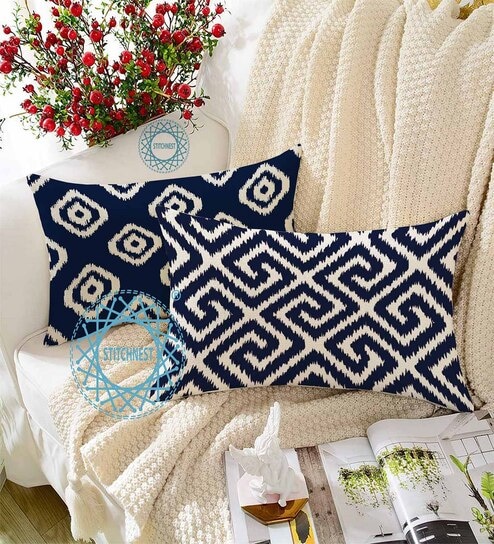 Blue Cotton Geometric 18x12 inches Cushion Covers (Pack of 2)