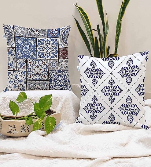 Blue Cotton Geometric 24x24 inches Cushion Covers (Pack of 2)