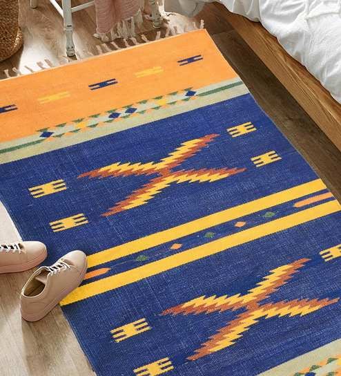 Blue Cotton Hand Woven 3 X 5 Feet Dhurrie
