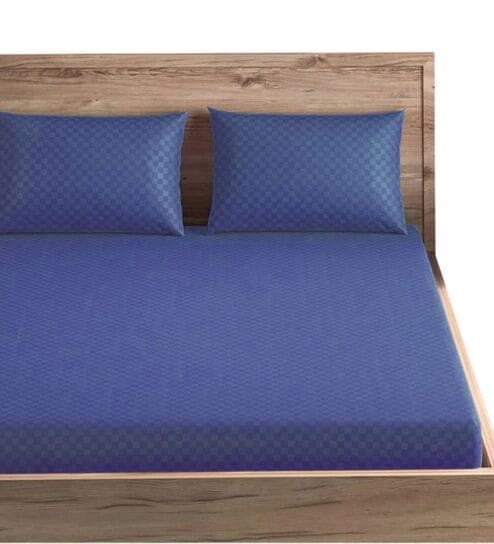 Blue Cotton Jacquard 300TC checked Super King Bedsheet with 2 Pillow Covers