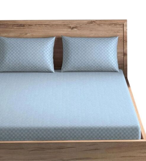 Blue Cotton Jacquard 300TC checked Super King Bedsheet with 2 Pillow Covers