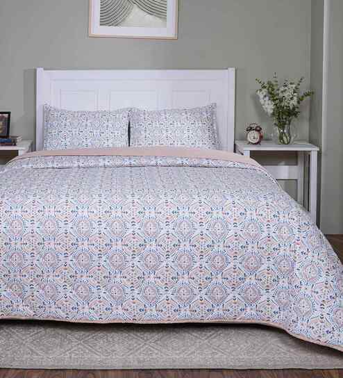 Blue Cotton Polyester Floral Print 110 GSM Double Bed Quilt