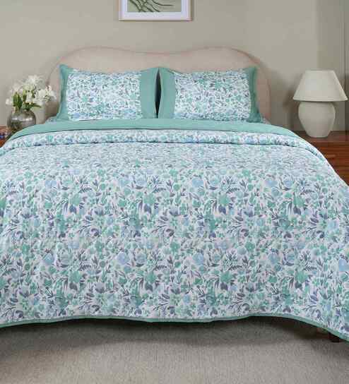 Blue Cotton Polyester Fruit Print 115 GSM Double Bed Quilt