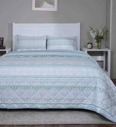 Blue Cotton Polyester Geometric Print 110 GSM Double Bed Quilt