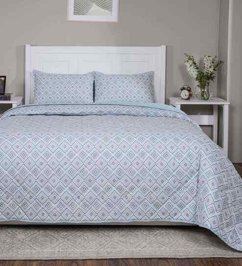 Blue Cotton Polyester Geometric Print 110 GSM Single Bed Quilt