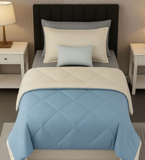 Blue Cotton 210TC Solid Plain All Weather Single 150GSM Reversible Comforter