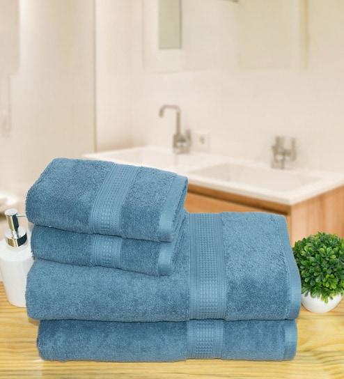 Blue Cotton Solid  500 GSM Bath & Hand Towels Pack of 4 (2 Bath 2 Hand)
