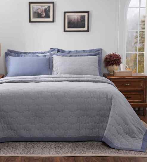 Blue Cotton Solid 100 GSM Double Bed Quilt