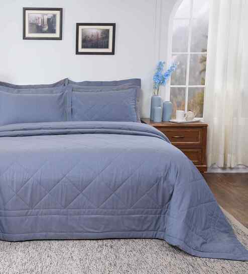 Blue Cotton Solid 110 GSM Double Bed Quilt