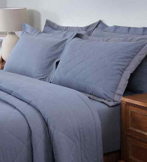 Blue Cotton Solid 110 GSM Single Bed Quilt