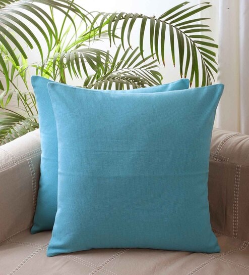 Blue Cotton Solid 20x20 inches Cushion Covers (Set of 2)