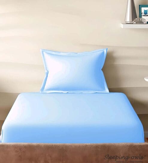 Blue Cotton Solid 210TC Plain Single Bedsheet with 1 Pillow Cover