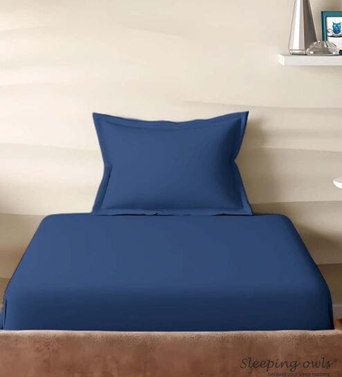 Blue Cotton Solid 210TC Plain Single Bedsheet with 1 Pillow Cover