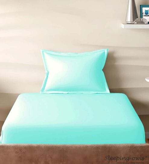 Blue Cotton Solid 210TC Plain Single Bedsheet with 1 Pillow Cover