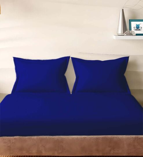 Blue Cotton Solid 210TC Plain Super King Bedsheet with 2 Pillow Covers