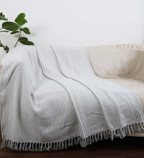 Grey Cotton Striped 63x52 Inches Sofa Throw