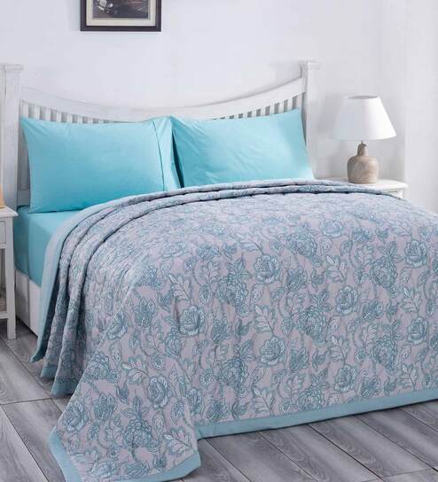 Blue Cotton 120 Room Temperature Double Bed Quilt by Maspar